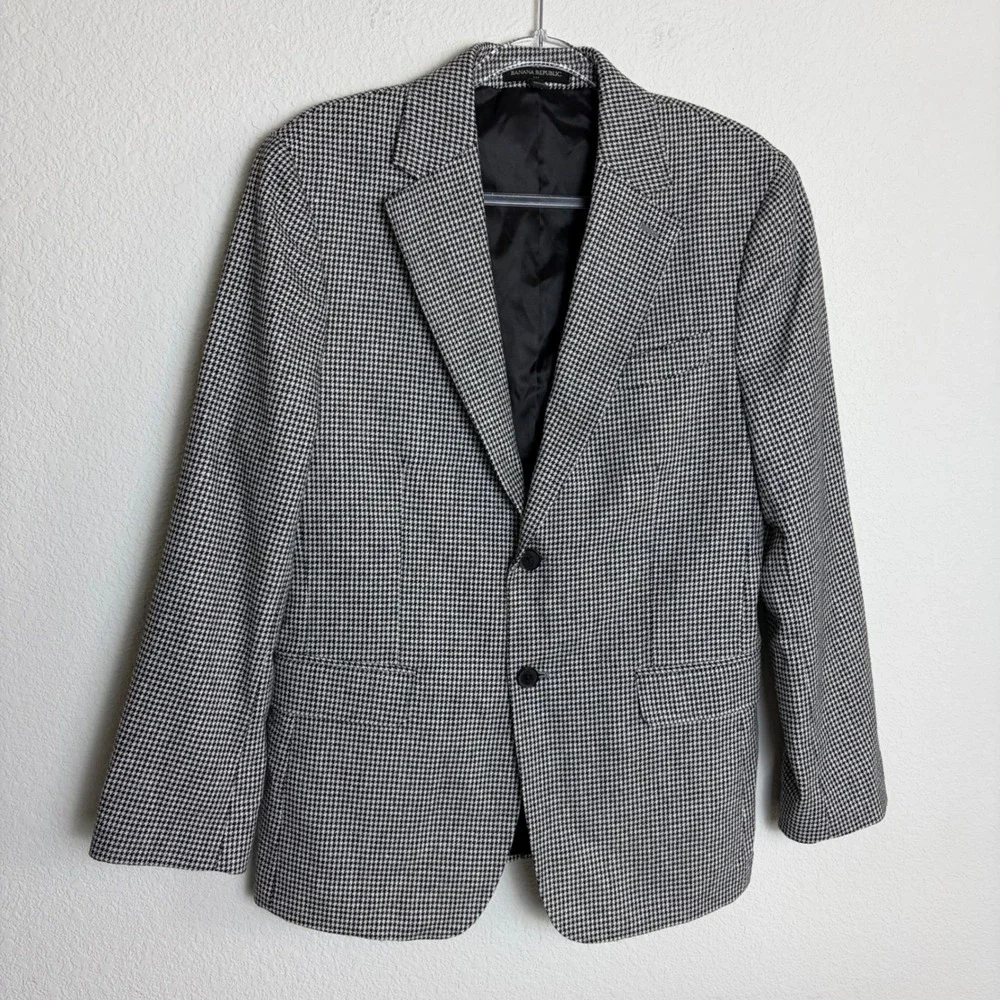 Banana Republic Mens 38S Tailored Fit Houndstooth Wool Blend Blazer Black White